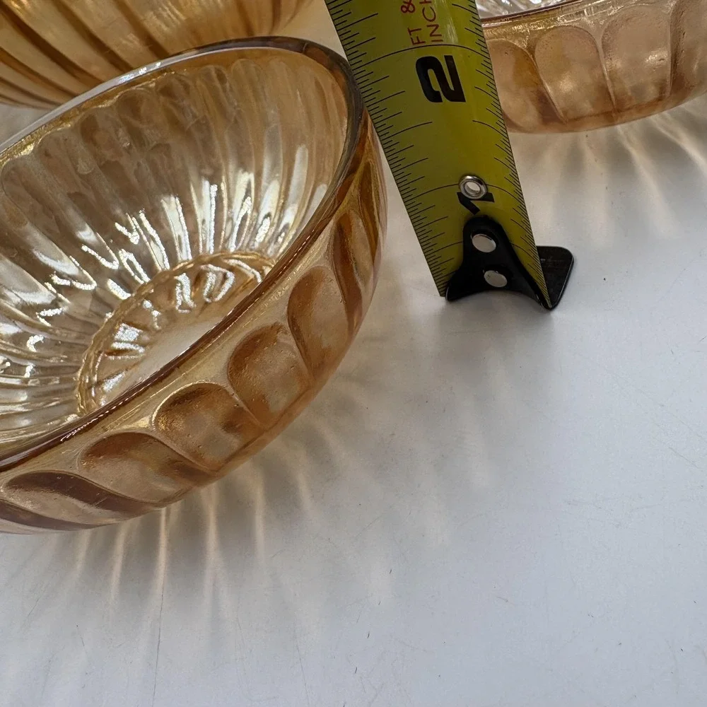 Gold Carnival Glass Salad Serving Bowl Set Ribbed‎ Art Deco 6 Piece Unmarked